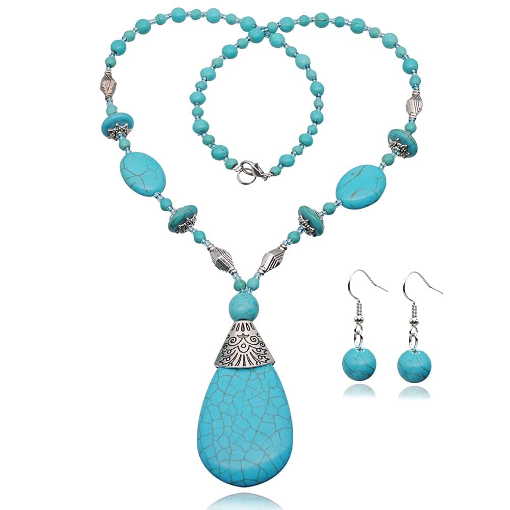 Bluegoog3 Pieces Bohemian Turquoise Necklace for Women Western Jewelry Boho Turquoise Necklace Set Turquoise Pendant Long Choker Vintage Turquoise Alloy Dangle Earrings Turquoise Layered Bracelets