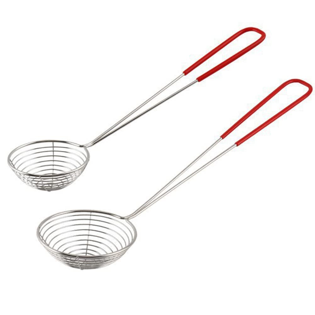 2Pcs Stainless Steel Strainer Spoons Boba Spoon Scoop Hot Pot Strainer Spoons Ladle Wire Cooking Skimmers Spoon with Handle for Hot Pot, Meatball, Kitchen Baking Oil Filter, 2 Sizes
