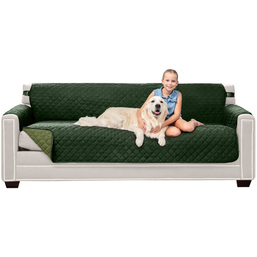 Sofa Shield Couch Slip Covers for Dogs, Reversible Furniture Protector with Strap, Stain and Tear Resistant Cushion Cover, 78 inch Seat, Machine Washable Slipcover Pets, Cats, Hunter Green Sage