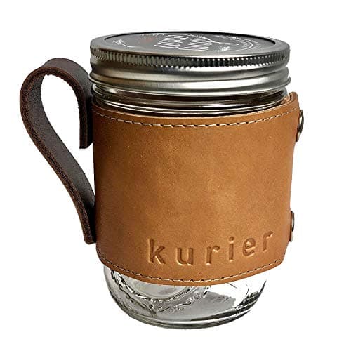 Kurier brown/tan removable full grain leather Camp Mug/glass mason ball canning jar mug travel coffee cup with handle handmade in USA 16 oz. glass jar included. Great gift for Dad!