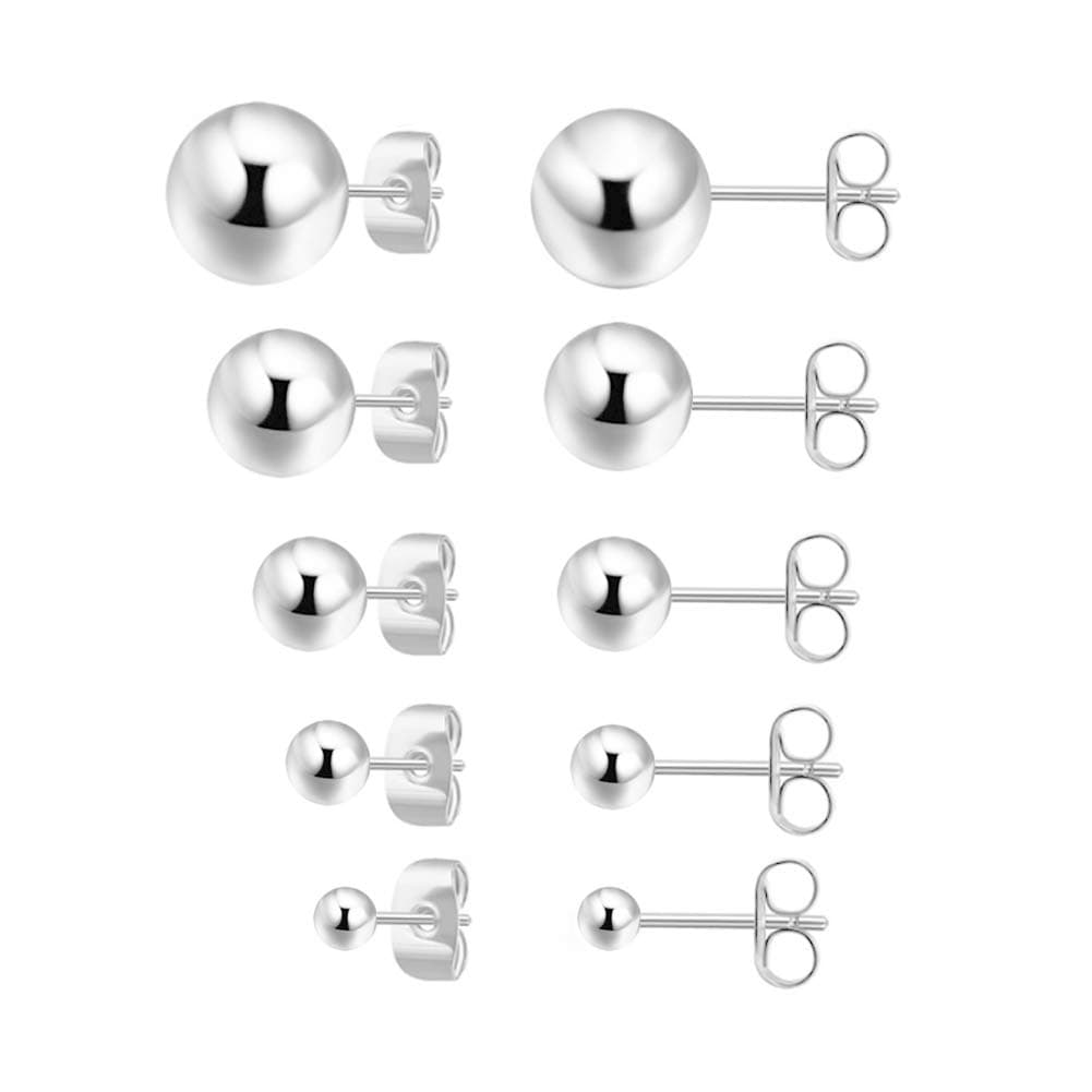 Sterling Silver Earrings for Women: Hypoallergenic 925 Sterling Silver Round Ball Stud Earrings for Women Multiple Piercing 5 Pairs Tiny Stud Earrings 2mm 3mm 4mm 5mm 6mm