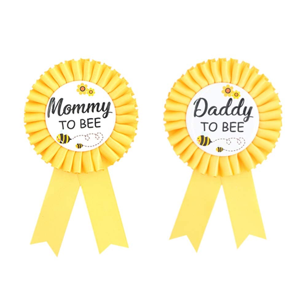 Daddy to bee & Mom to bee Tinplate Badge Pin - What will Baby Be Baby Shower Button New Dad Gifts Gender Reveals Party Baby Bee Rosette Button Baby Celebration (Yellow)