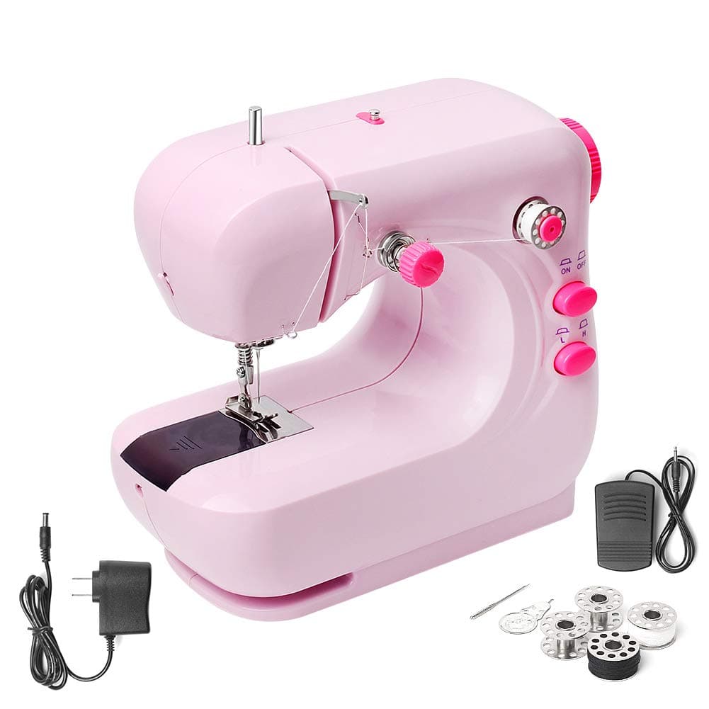 Mini Sewing Machine, Portable Household and Lightweight Electric Sewing Machine for Beginner, Sewing Made Easy with Double Thread and Free Arm, Adjustable 2-Speed with Foot Pedal for Kids (Pink)
