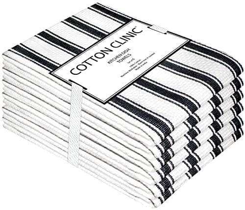 Cotton Clinic Vintage Stripe 100% Cotton Kitchen Dish Towels 6 Pack 16x26, Dish Cloths, Bar Towels, Tea Towels and Cleaning Towels, Kitchen Towels with Hanging Loop, Black White