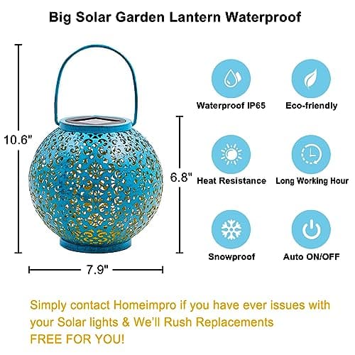 Homeimpro Solar Big Lanterns Outdoor Waterproof Garden Gifts Mom, Metal Table Lights for Patio, Yard Art, Mothers Day Bithday Gifts for Women Men(1Pack, Teal Blue)