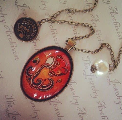 AQUARIUS Vintage Antique Retro Astrology Zodiac Oval Portrait Pendant Necklace with Faux Pearl & Character Coin Charm on the Chain. Dress up, Costume, Fashion Jewelry. LOW SHIPPING.