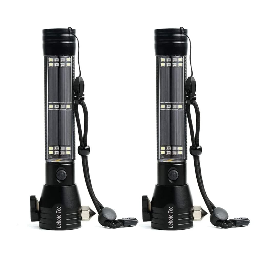 Lebote Car Flashlight Solar Power Tactical Flashlight Multi Function Flashlight Bright LED Emergency Torch Light With Safety Hammer Seat Belt Cutter Compass For Hiking Camping