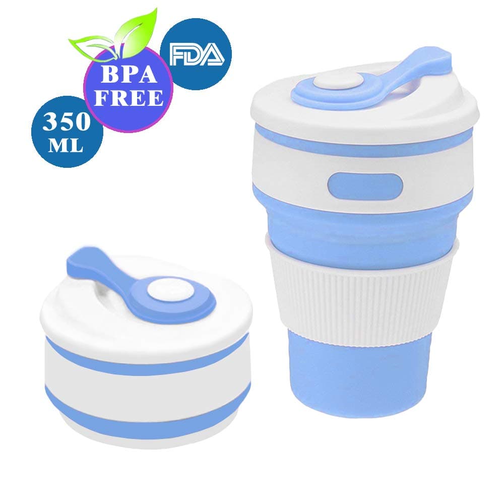 Collapsible Coffee Cup，Portable &Reusable Coffee Cup，Travel Coffee Mugs Collapsible with Lid Fits in Your Pocket Or Bag for Business, Home, Travel, Camping（12oz 350ml, Leak Proof, BPA Free） (Blue)