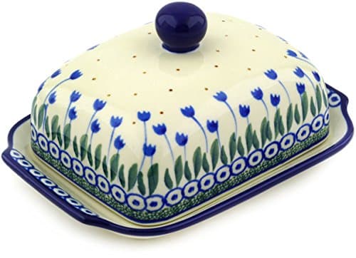 Authentic Polish Pottery Butter Dish in Water Tulip Design Handmade in Bolesławiec Poland by Ceramika Artystyczna + Certificate of Authenticity