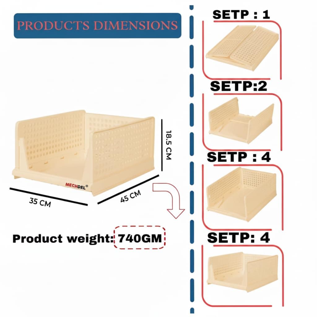 mechdel | Wardrobe Organizers For Clothes | Cupboard Organizer | Foldable Shirt Stacker Box | Cloth Box for Almirah | Closet Storage Basket |Plastic Stackable Closet Organizer (Ivory Yellow, 5PCS)