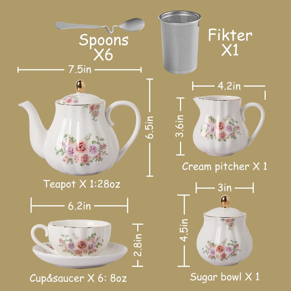 Sweejar Porcelain Tea Sets British Royal Series, 8 OZ Cups & Saucer Service for 6, with Teapot Sugar Bowl Cream Pitcher Teaspoons and Tea Strainer, Suitable for High Tea, Wedding, Party（Morning glory）