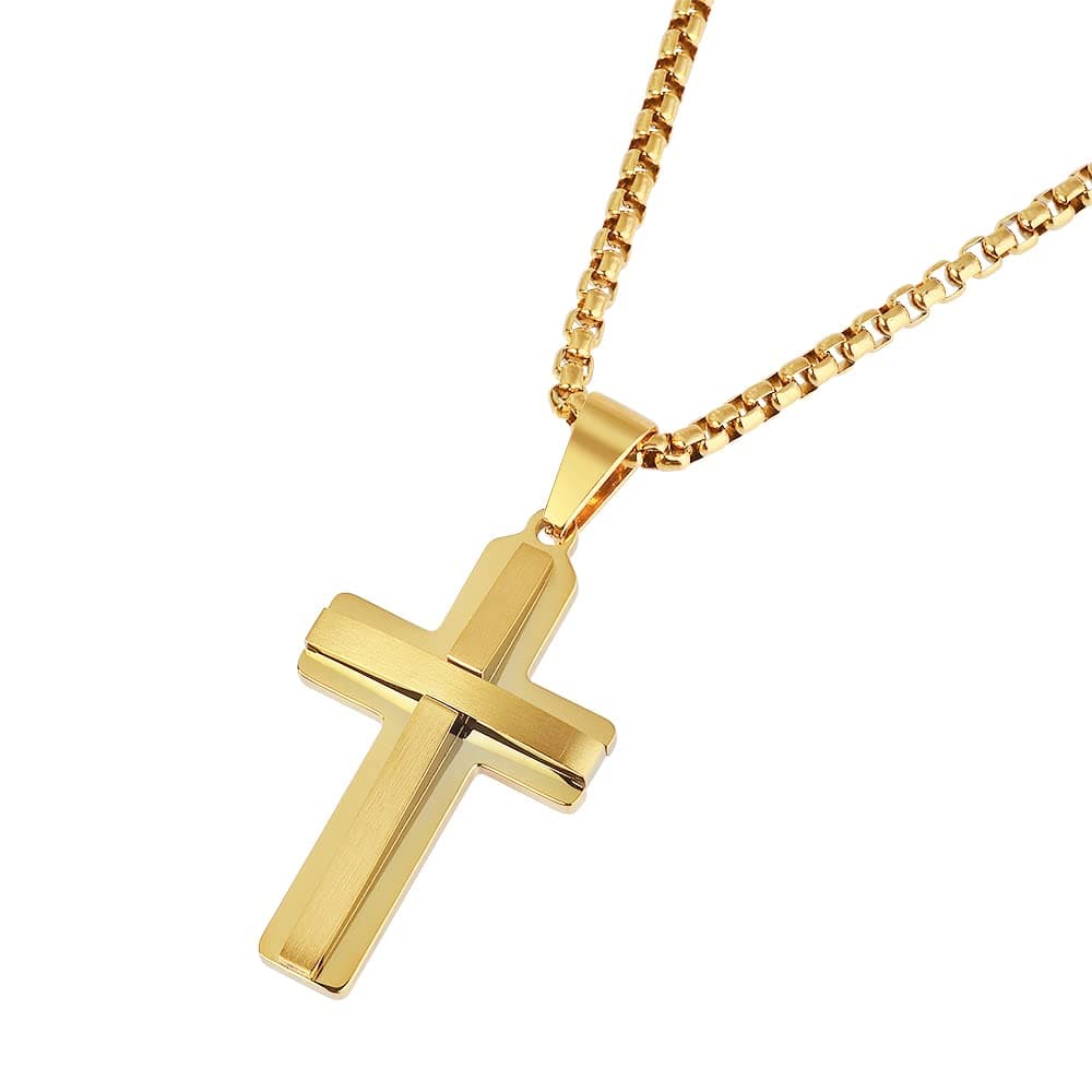 Edforce Stainless Steel Double Layer Cross Pendant Necklace for Men