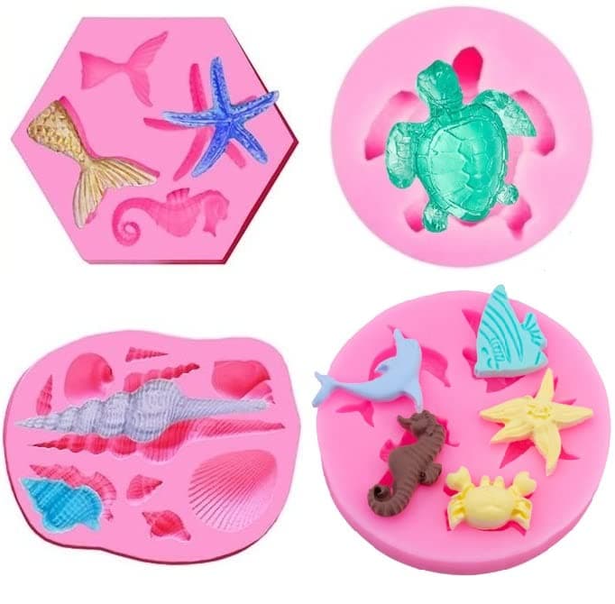 4 PCS Marine Theme Cake Fondant Silicone Mold Seashell Conch Starfish Mermaid Tail Turtle Baking Molds for DIY Cake Decoration Chocolate Candy Polymer Clay Crafting Projects