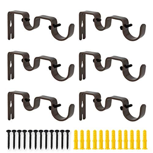 AddGrace 6 PCS Double Curtain Rod Bracket Heavy Duty Curtain Rod Holders for 1" and 5/8" Drapery Pole Adjustable Wall Mounted Drapery Pole Brackets for Living Room Bedroom Brown