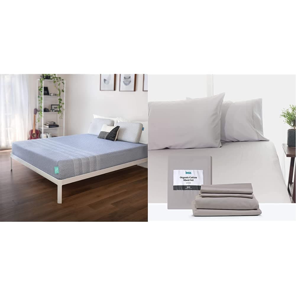 Studio by Leesa Memory Foam Mattress in a Box and 100% Cotton Sateen Sheets, Includes Twin Mattress and Grey Sheets Set