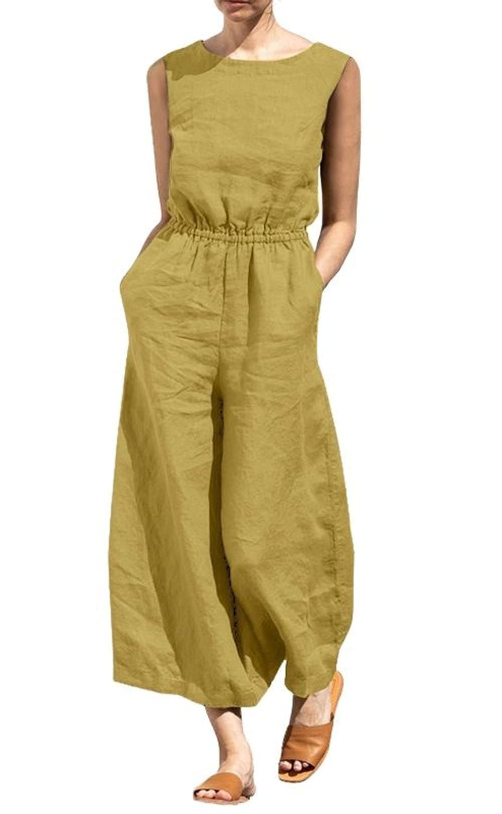 chouyatouWomen's Elegant Sleeveless Linen Jumpsuits Casual Wide Leg Jumpsuit Pants Romper