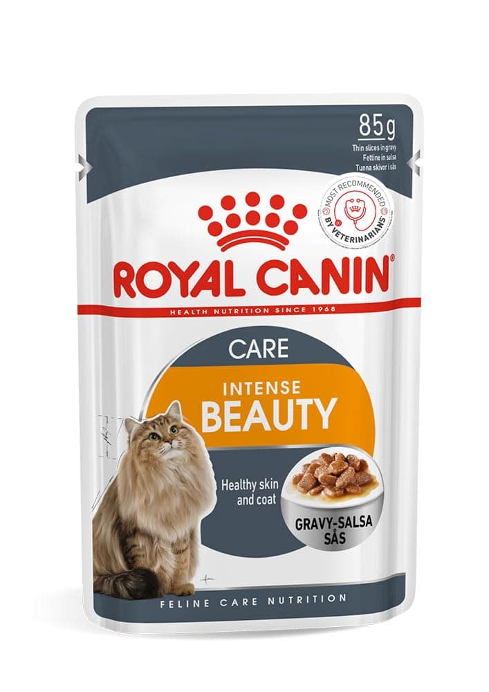 Intense Beauty Adult Cat Food, 85 Grams, Pack of 12 Sachet, Wet Food, Supports Healthy Skin & Coat & Urinary Health, Maintains Ideal Weight