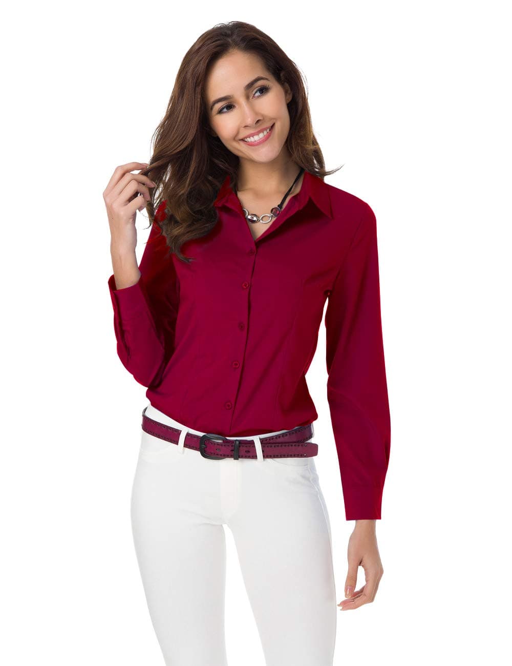 Womens Basic Long Sleeve Button Down Shirts Simple Pullover Stretch Formal Casual Shirt, Wine Red, Medium