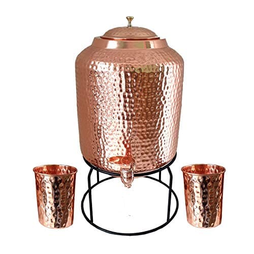 CRAZE CRAFTS® 16 Litre Hammered Copper Water Dispenser (Matka) Container Pot with 6 Copper Glasses 100% Pure Copper and Ayurvedic Health Benefits (16000 ml + 1800 ml)