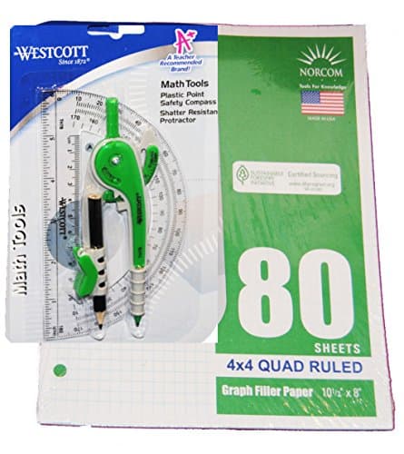 Geometry Set: 80 Sheets of 3 holed Graph Paper, Compass and Protractor (blue/green)