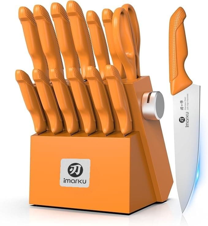 imarku® Knife Set, Sharp Block Knife Set with Built-in Sharpener, Japanese Stainless Steel with Non-Slip Ergonomic Handle, Dishwasher Safe, Kitchen Gift for Man Woman, Best For Home gift, Burnt Orange