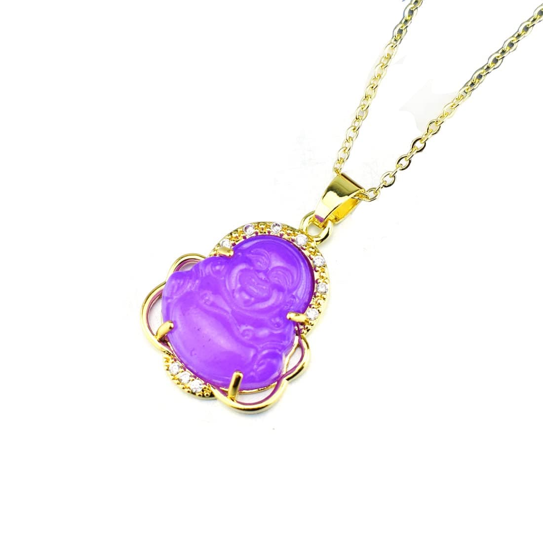 18k Gold Plated Laughing Buddha Pendant Necklace Green Jade Cubic Zirconia Gemstone Lucky Amulet Jewelry for Women Men