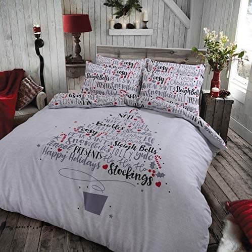 Lyallpur Christmas Xmas Festive Polycotton Duvet Cover Sets with Pillow Cases Bedding (Christmas Slogan, Double)