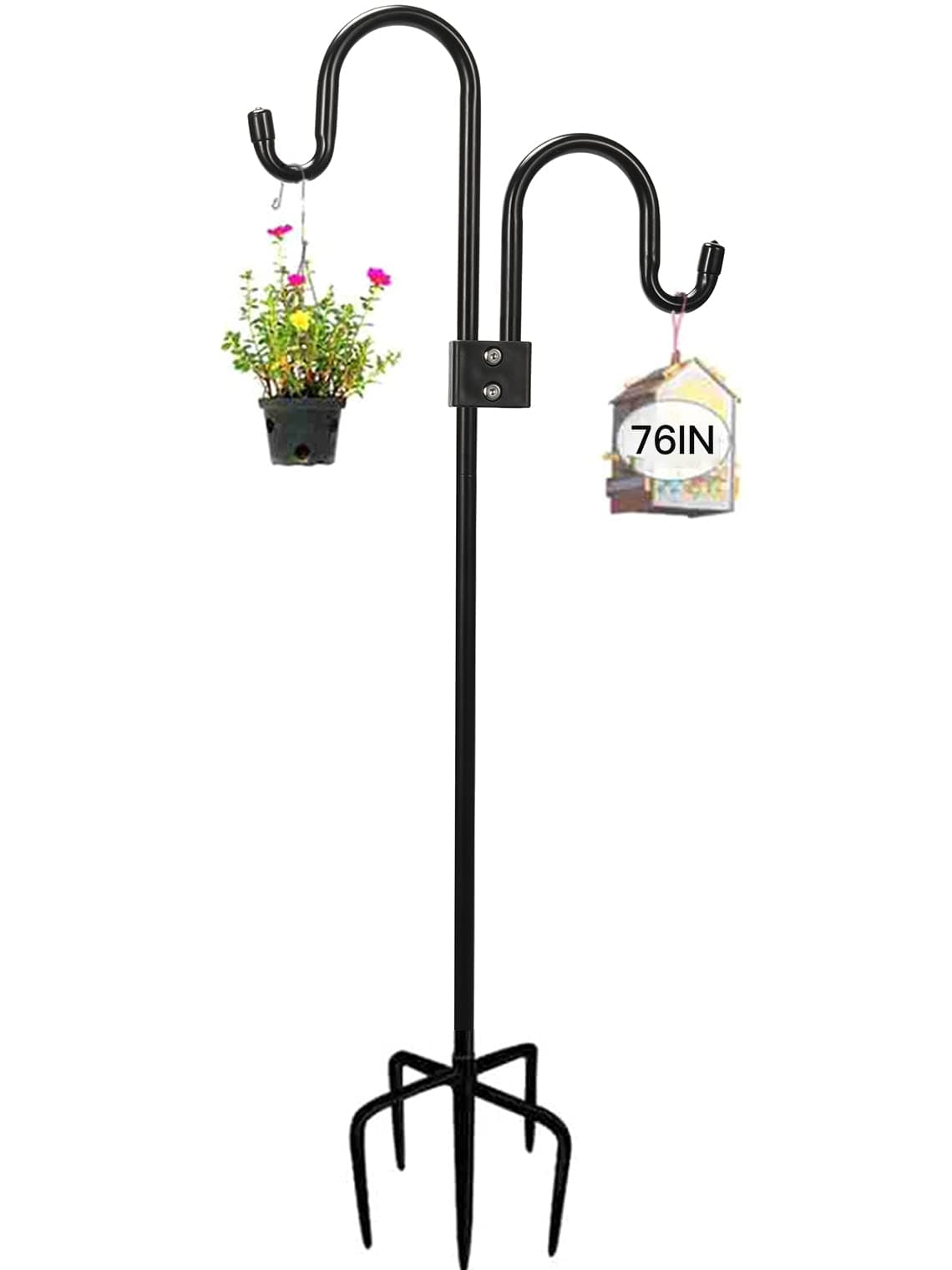 Double Shepherds Hook for Outdoor, 28.5 to 76 Inch Adjustable Bird Feeder Pole for Outside with 5-Prong Base, Heavy Duty Garden Hook for Plant Hanger Stand, Lanterns, Wind Chime
