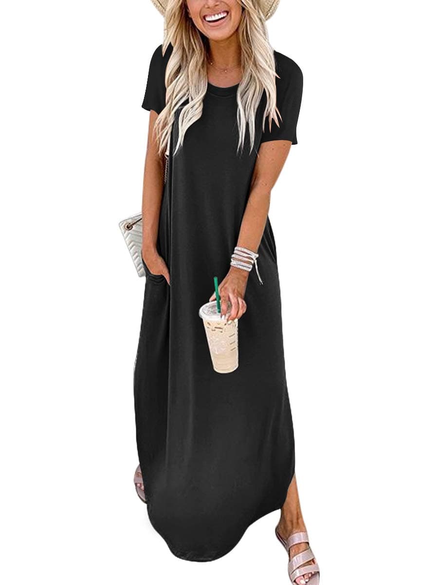 Women's Summer Casual Loose Short Sleeve Long T Shirt Dress Split Maxi Beach Sundress Travel Vacation Outfits