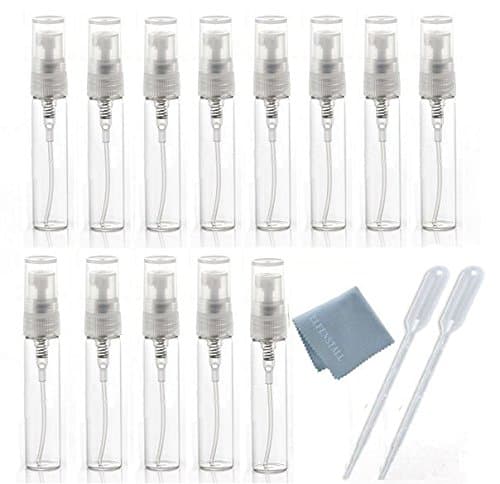 10pcs Mini Clear 5ml 1/6OZ Atomizer Fine Mist Empty Glass Bottle Spray Refillable Fragrance Perfume Scent Sample Bottle 1pc Clean Cloth for Travel Party Makeup Tool 2pcs 3ml Free Pipette