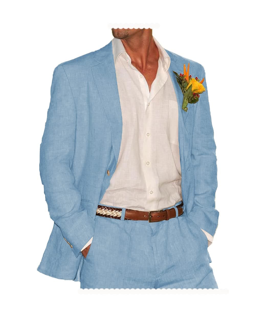 TiavllyaSummer Linen Suits Men's Two Piece Suits Set Casual Retro Wedding Tuxedos Party Beach Suit