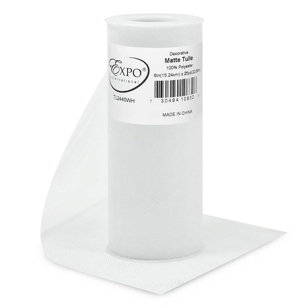 Expo InternationalDecorative Matte Tulle, Lightweight Polyester Tulle Fabric for Tutus, Costumes, and Party Decorations, Washable, Easy-to-Use, 6 Inch x 25 Yards, White, Pack of 1