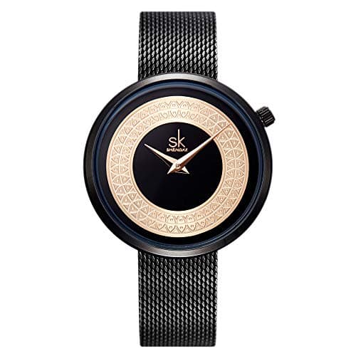 Women Watch Fashion Quartz Mesh Wristwatch Gifts Luxury Waterproof Stainless Steel Band Analog Watches (0094 Black)