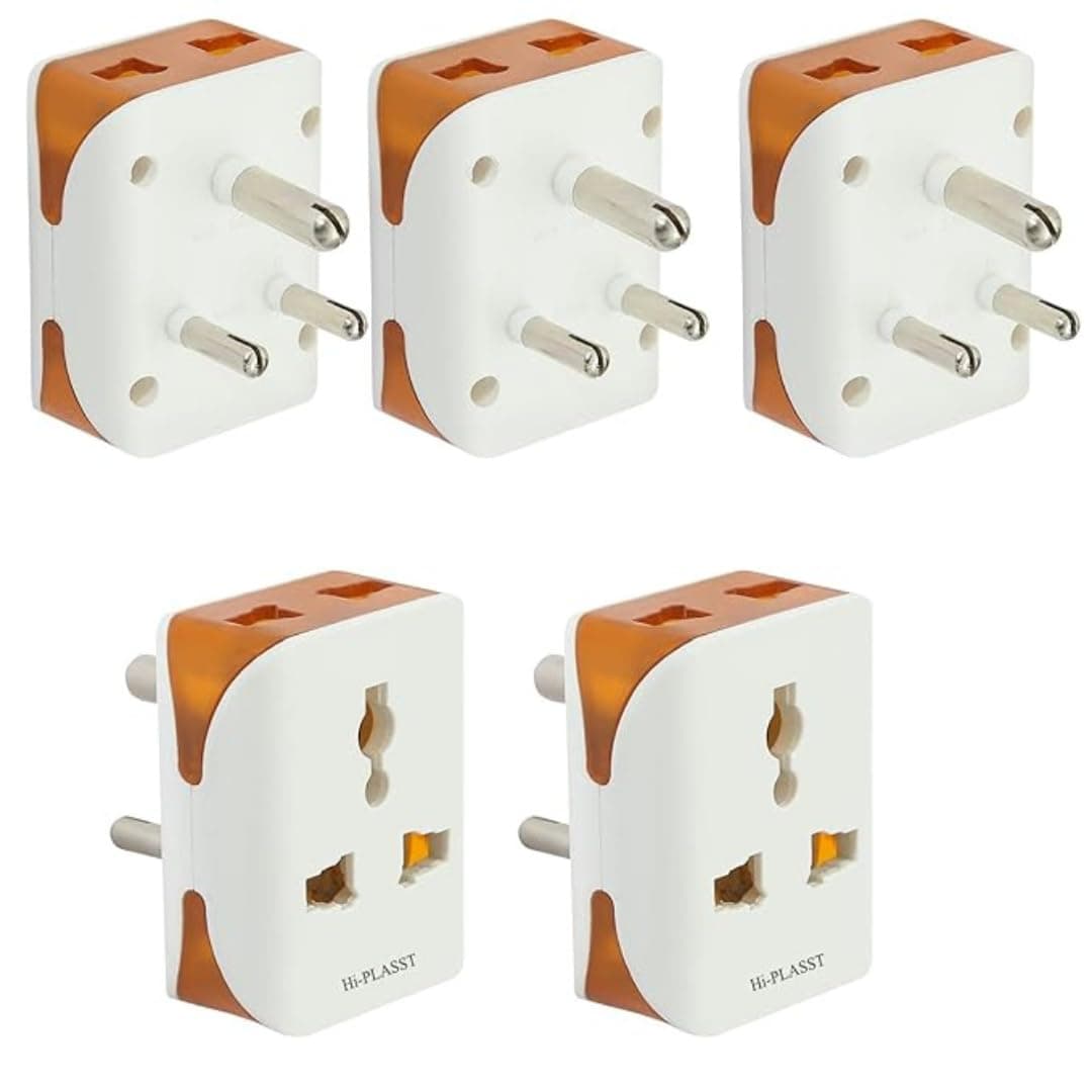 Hi-Plasst Universal 3-Pin Multi Plug with Type D Socket – 2X 2-Pin & 1x 3-Pin Outlets, US/UK/EU to India Travel Converter Plug, 6A for International Devices (White & Orange) (Pack of 5pcs)