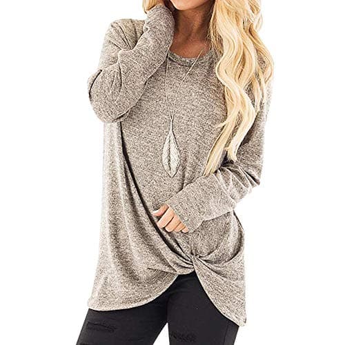 WUAIWomens Casual Shirts Long Sleeve O-Neck Loose Fit Fashion Solid Running Athletic Tops