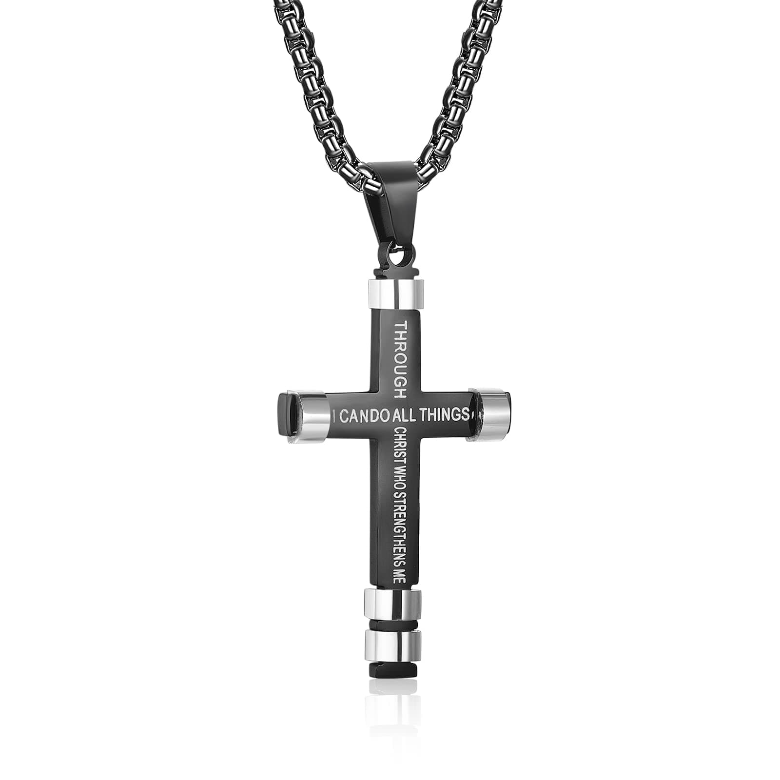 ZRAY Philippians 4:13 Cross Necklace for Men Strength Bible Verse I CAN DO ALL THINGS Pendant Stainless Steel Chain Meaningful Jewelry Gift for Boy