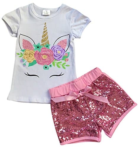 Little Girls 2 Pieces Short Set Unicorn Floral Tops Glitter Shorts Outfit 2T-8