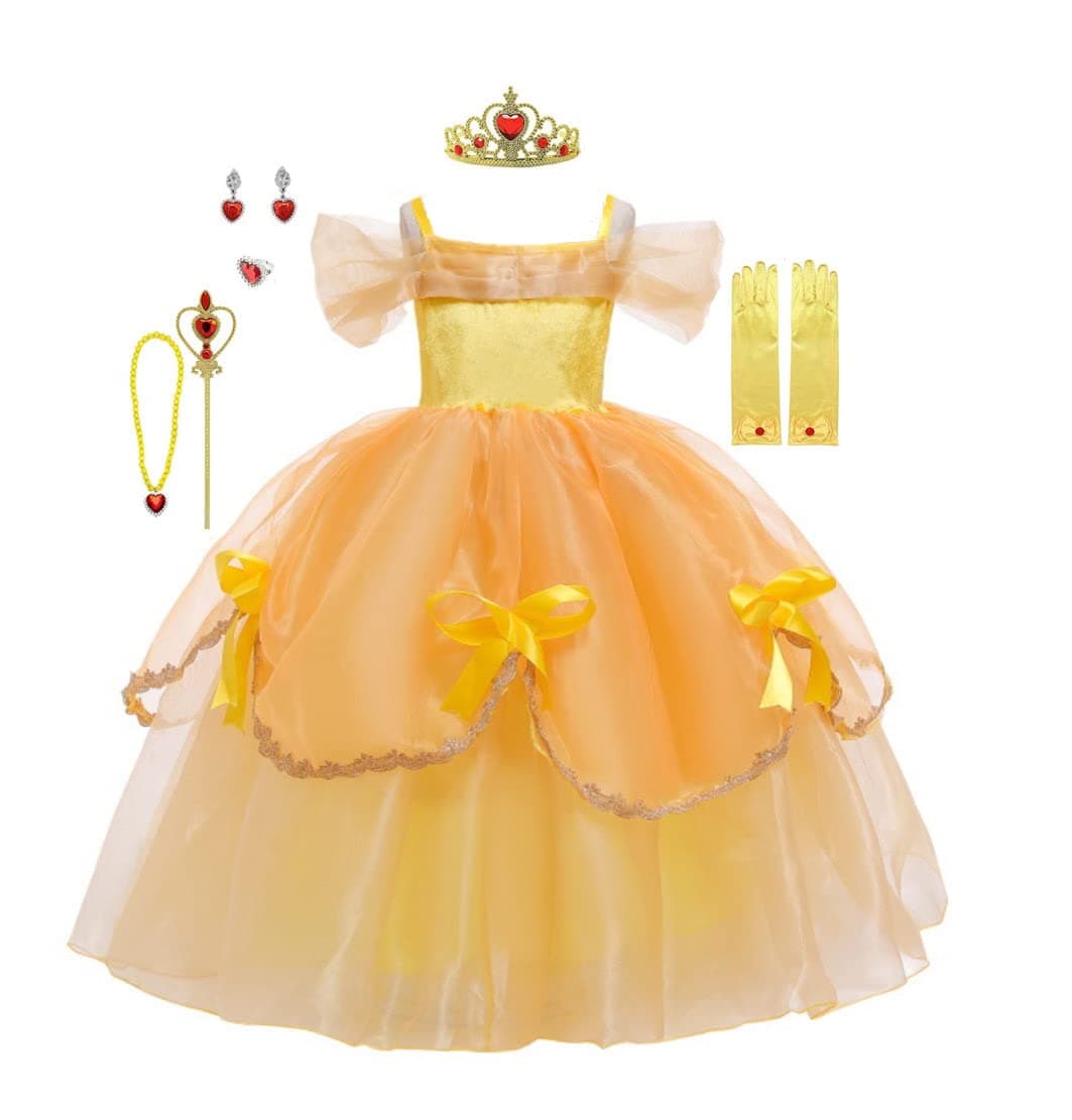 – Yalla Baby Yellow Princess Dress Costume for Girls Kids Dress Up with Free Accessories - 90-140 cm 3-12 Years Birthday Party Cosplay Outfits