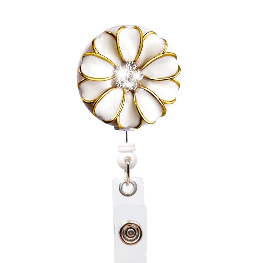 Qinsuee Bling Rhinestones Camellia Retractable Badge Reel Holder, Retractable ID Holder Clip, Alligator Swivel Clip, 24 inch Retractable Cord (White)