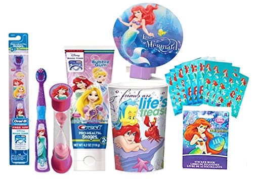 Disney "The Little Mermaid" Princess Ariel's 6pc All Inclusive Bathroom Collection! Toothbrush, Toothpaste, Timer, Rinse Cup, Night Light & Reward Stickers! Plus Bonus "Remember to Brush" Visual Aid!