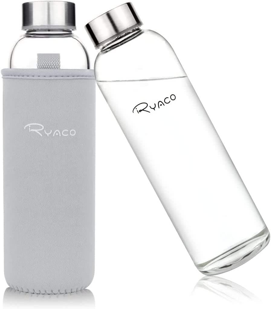 RYACO Borosilicate Glass Water Bottle 550ml BPA Free Leak Proof Perfect for School, Home, Office, Travel, Exercise, Yoga, Hot & Cold Drinks, with Neoprene Sponge Brush Case