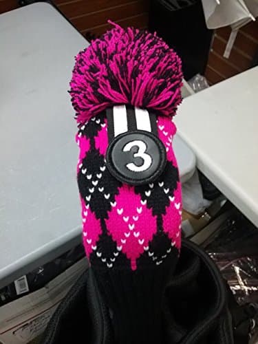 Majek #3 Fairway Metal Wood Argyle Pink & Black Golf Headcover Knit Pom Pom Retro Classic Vintage Head Cover