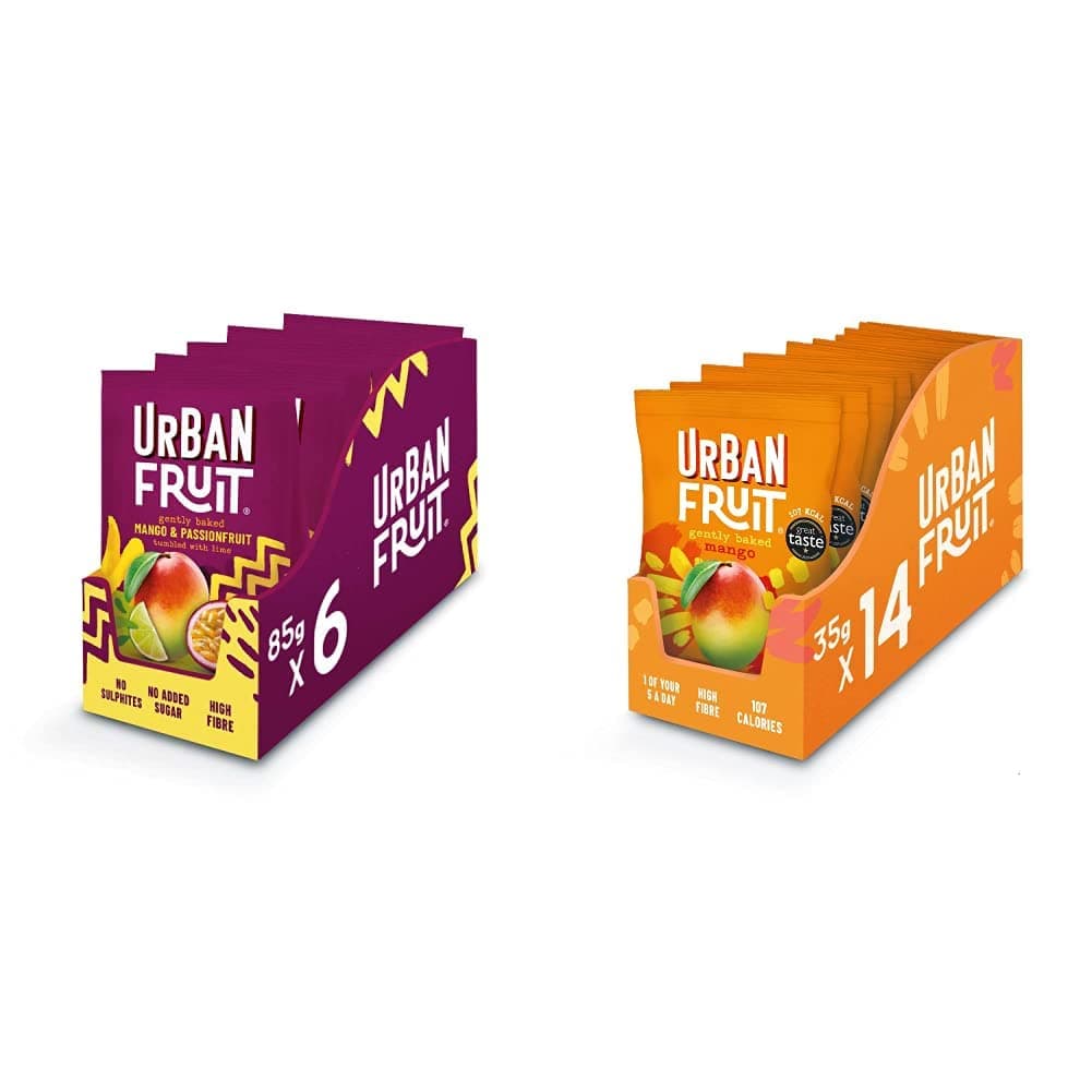 URBAN FRUIT Mango & Passionfruit - Sharing Pack - Gently Baked Fruit - Healthy Vegan Snack - 6 x 85g & URBAN FRUIT Mango - Snack Pack - Gently Baked Fruit - Healthy Vegan Snack - 14 x 35g