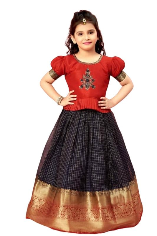 Mirraw Kids, Red Art Silk Jecquard South Indian Style Pavdai Pattu Lehenga Choli for Kids, from 2-14 Years