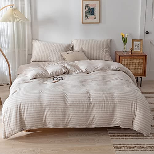 DONEUS Jersey Knit Duvet Cover Set 100% T-Shirt Cotton Super Soft Breathable Comfy Classic Striped Design Bedding Set 3 Piece with Zipper Closure, Beige Stripe Queen