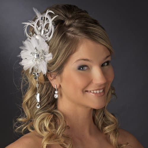 Vintage Bridal Feather Hair Fascinator with Dangling Crystals Clip WHITE