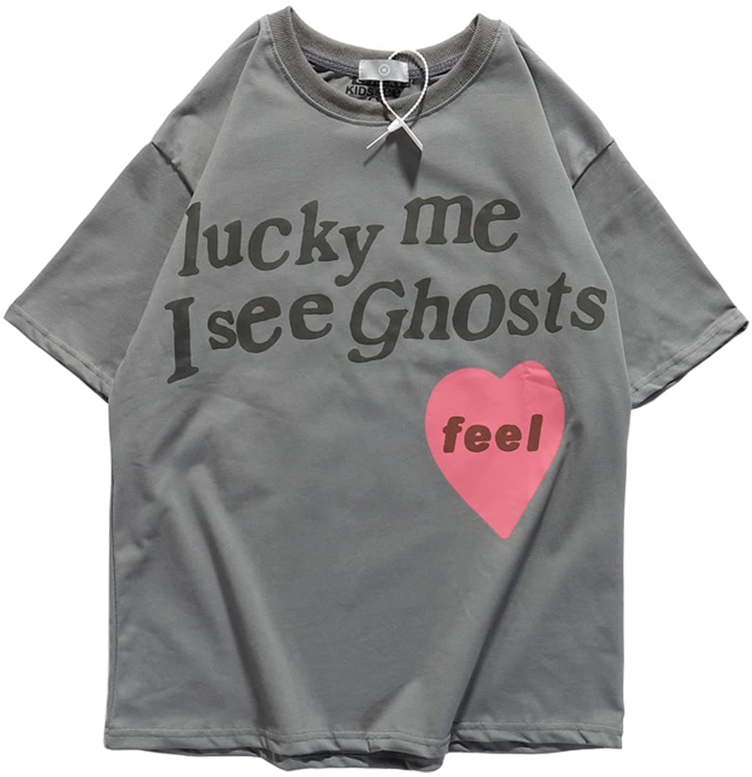 WINKEEYMen's Lucky Me I See Ghosts Crewneck T-Shirt Hip Pop Short Sleeve Tops Trust God Sunday Service Print Tee Tops