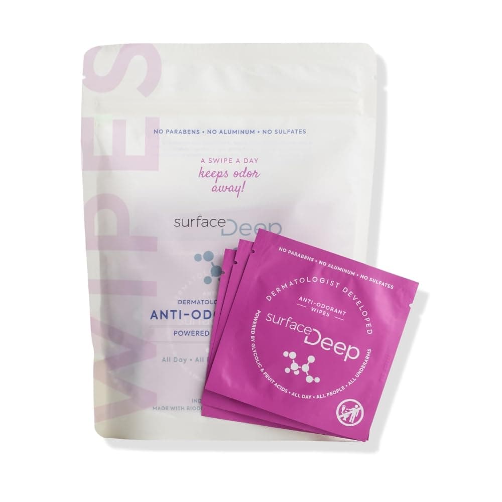 Surface Deep Deodorant Wipes, Dermatologist Developed & Patented, Anti-Odorant Body Wipes, Natural, Travel Friendly, Individually Wrapped, 30PK