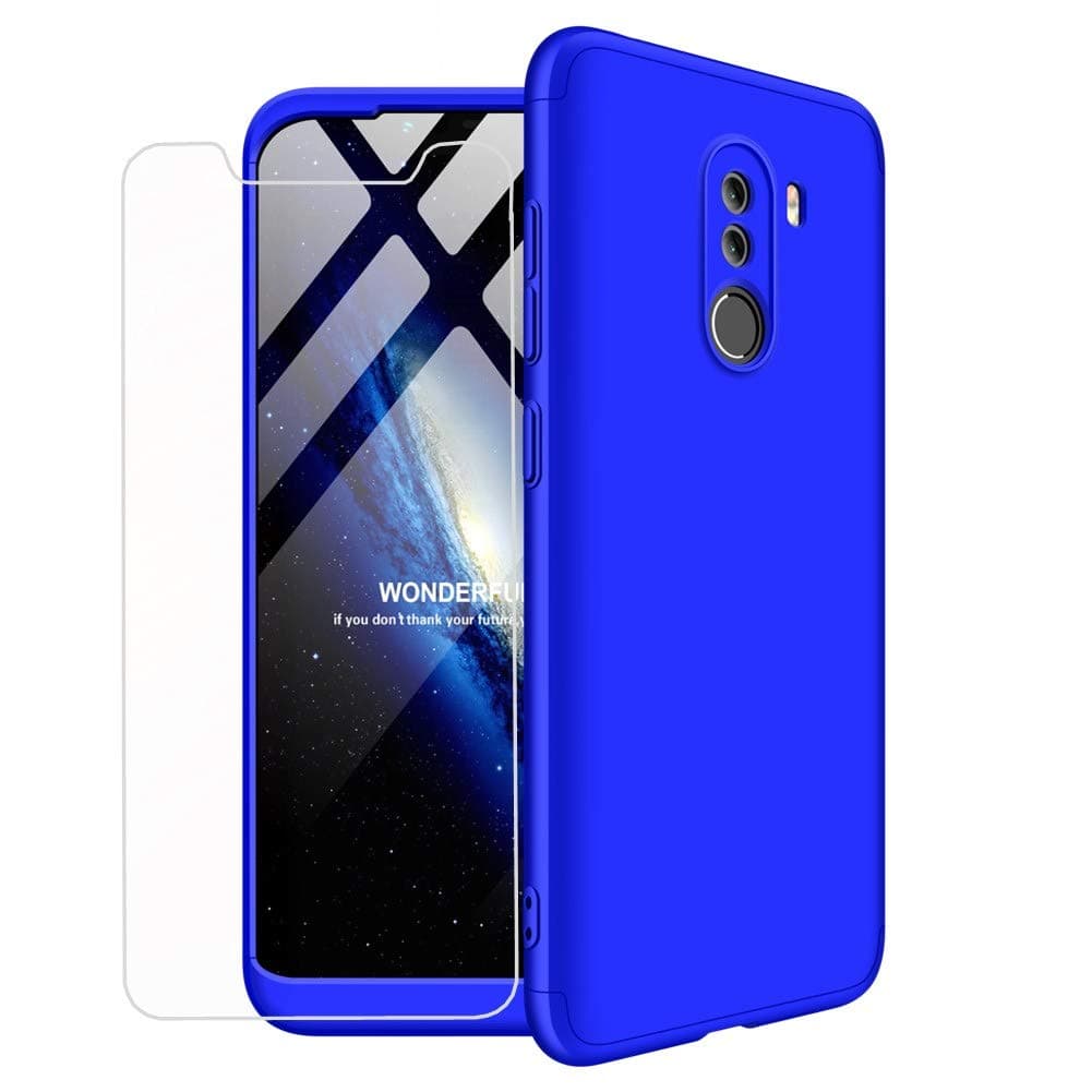 Xioami Pocophone F1 phone case +tempered glass protector Slim PC Hard Cove 360 degree 3 in 1 Ultra-thin Full Body Matte Bumper MLOTECH-Blue