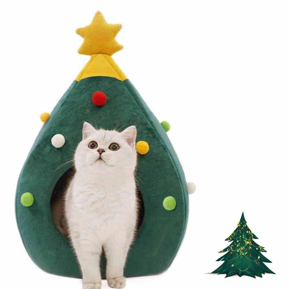 Christmas Cat Beds, Christmas Tree Cat Beds House, Portable Indoor Cat Igloo Xmas Bed Cave for Small Dogs and Small Animals, Green